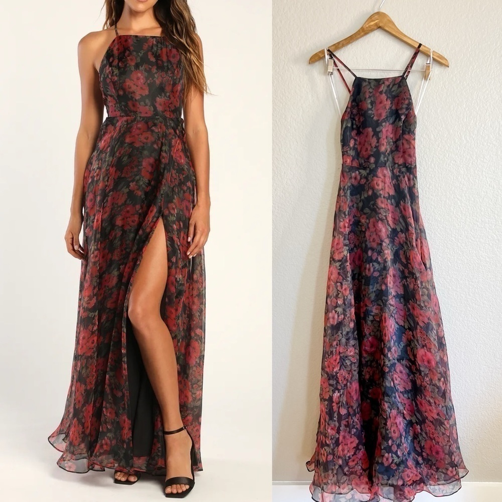 NWOT Dreamy Elegance Black Floral Print Organza Backless Maxi Dress